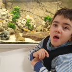 Ein Junge mit braunen Haaren sitzt in einem Rollstuhl vor einem großen Aquarium mit vielen bunten Fischen, Felsen und grünen Pflanzen. Der Junge trägt einen blau-weiß gestreiften Pullover und blickt mit leicht geöffnetem Mund in Richtung Kamera.