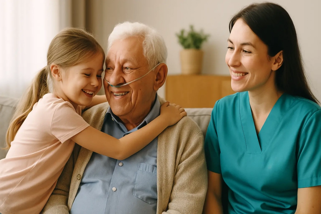 Ein älterer Mann mit Sauerstoffschlauch sitzt auf dem Sofa, lacht und wird von einem jungen Mädchen herzlich umarmt. Neben ihm sitzt eine lächelnde Pflegekraft in türkisfarbener Kleidung.