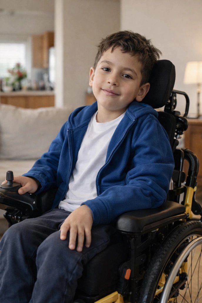 Junger Junge sitzt in einem elektrischen Rollstuhl in einem hellen, wohnlichen Umfeld und blickt ruhig in die Kamera, eine Hand liegt am Steuer des Rollstuhls. Er ist an Duchenne erkrankt.