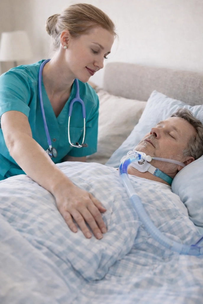 Pflegefachkraft in türkiser Arbeitskleidung betreut einen männlichen Patienten mit Tracheostoma, der zuhause im Bett liegt und zugedeckt ist, in einer ruhigen, häuslichen Umgebung. Er hat das Apallische Syndrom, d.h. er liegt im Wachkoma.