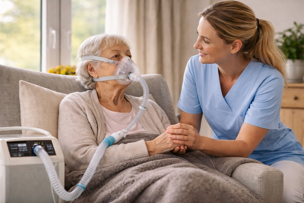 Ältere Frau mit Beatmungsmaske sitzt auf dem Sofa im Wohnzimmer, während eine Pflegekraft in blauer Kleidung beruhigend ihre Hand hält und das Beatmungsgerät neben ihr steht.